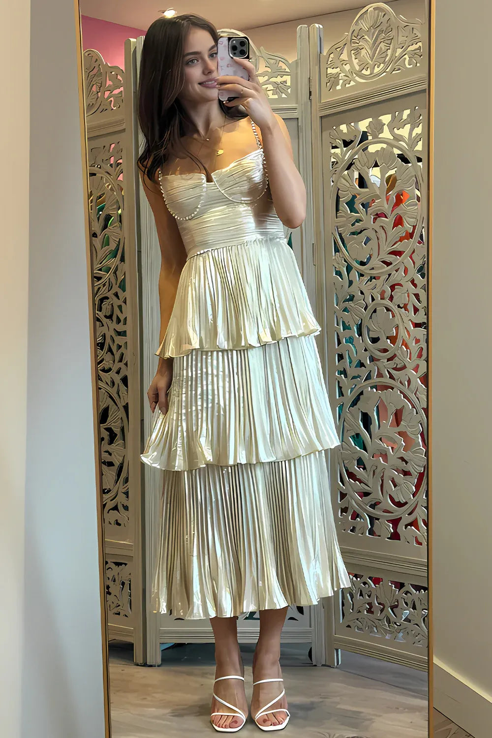 Vestido Weitese brillante de corte A con escote en forma de corazón, color champán, largo hasta la rodilla, con volantes, vestido de fiesta